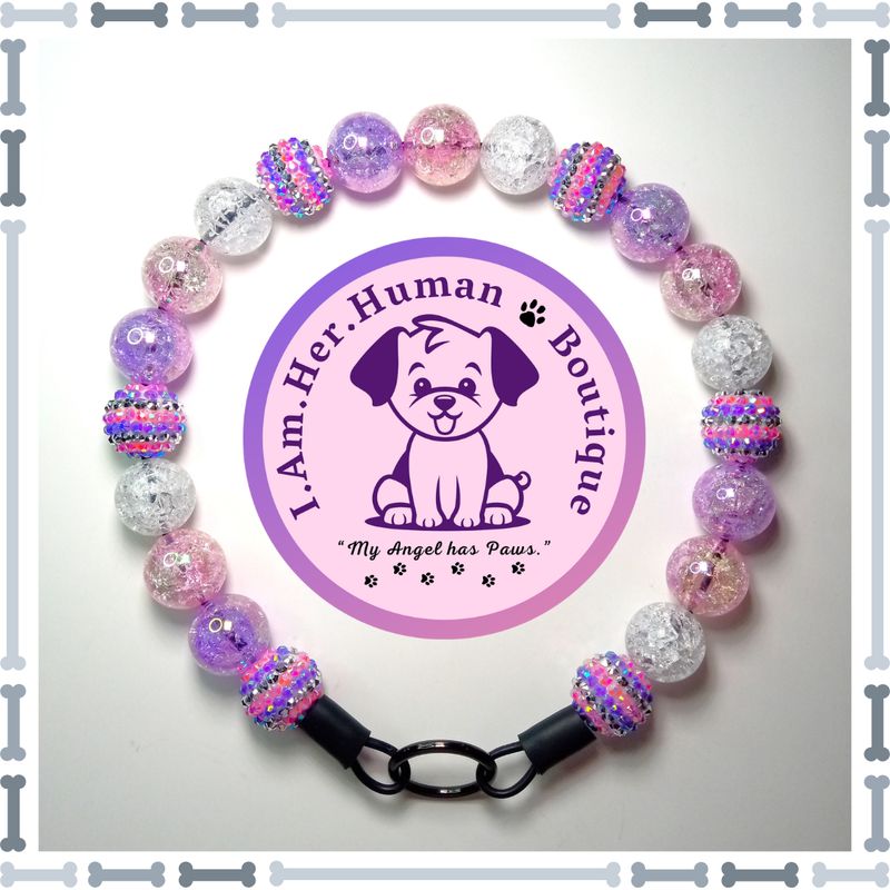 Purple &amp; Pink Rhinestone, Purple Crackle, Pink Crackle, White Crackle, Chunky Glam Bead Dog Collar, Bubblegum Bead Dog Collar