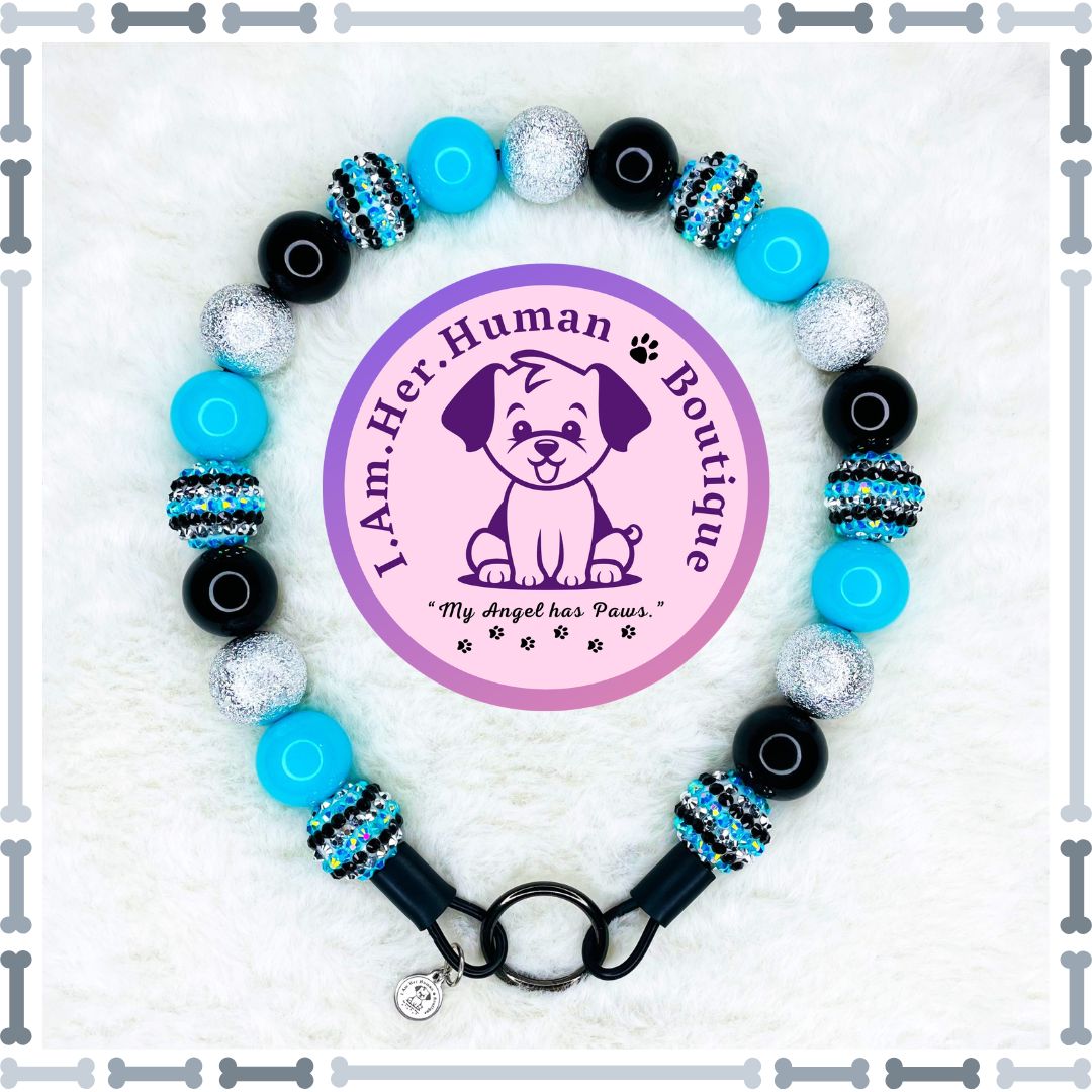 Obsidian Frost | Beaded Dog Collar | Bubblegum Dog Collar | Dog Pearls | Dog Necklace | Acrylic | Slip On | Blue | Silver