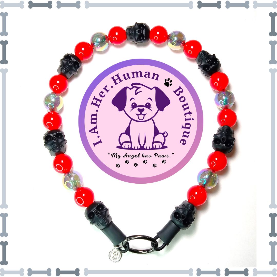 Skulls &amp; Blood | Bubblegum Dog Collar | Beaded Dog Collar | Bead Dog Necklace | Dog Pearls | Acrylic | Silicone | Black | Red