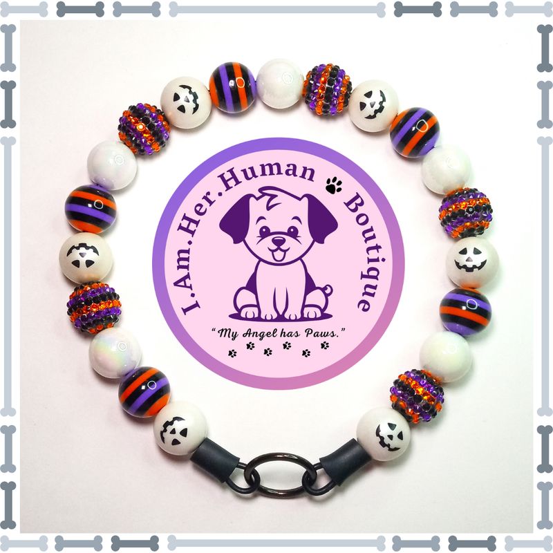 Halloween Spirit | Bubblegum Dog Collar | Beaded Dog Collar | Bead Dog Necklace | Dog Pearls | Acrylic | Orange | White