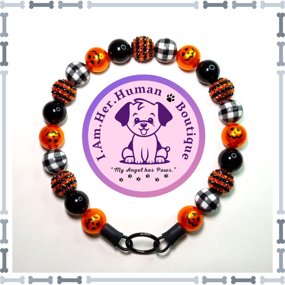 Orange Jack | Bubblegum Dog Collar | Beaded Dog Collar | Bead Dog Necklace | Dog Pearls | Pumpkin | Acrylic | Orange | Black