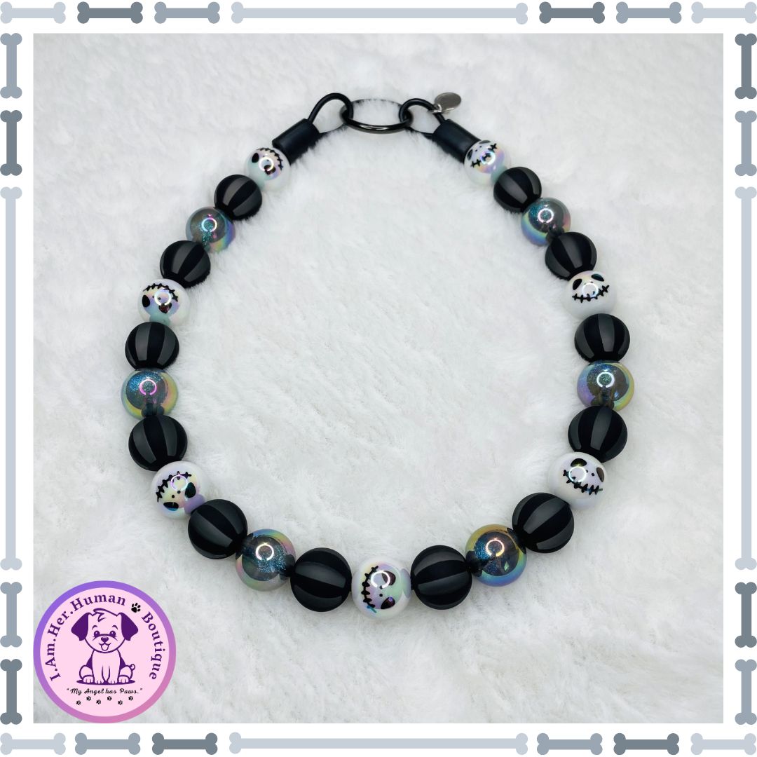 Skellington Noir | Halloween | Bubblegum Dog Collar | Beaded Dog Collar | Dog Pearls | Bead Dog Necklace | Black | White