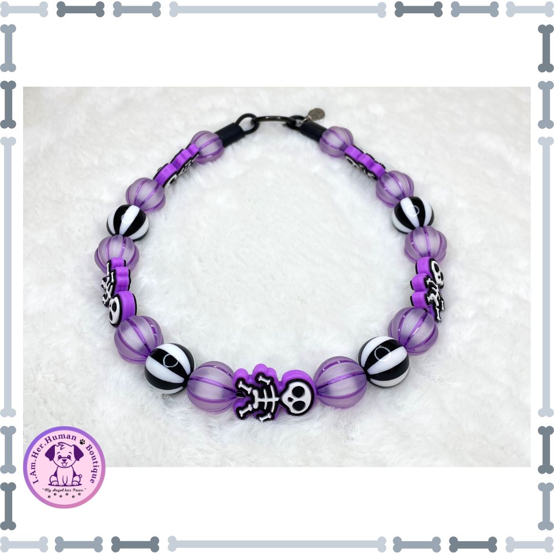 Amethyst Bones | Halloween | Bubblegum Dog Collar | Beaded Dog Collar | Dog Pearls | Bead Dog Necklace | Purple | Black White