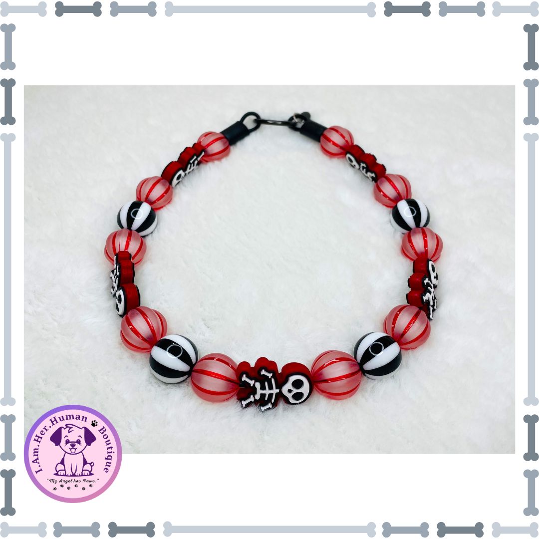 Crimson Bones | Halloween | Bubblegum Dog Collar | Beaded Dog Collar | Dog Pearls | Bead Dog Necklace | Red | Black | White