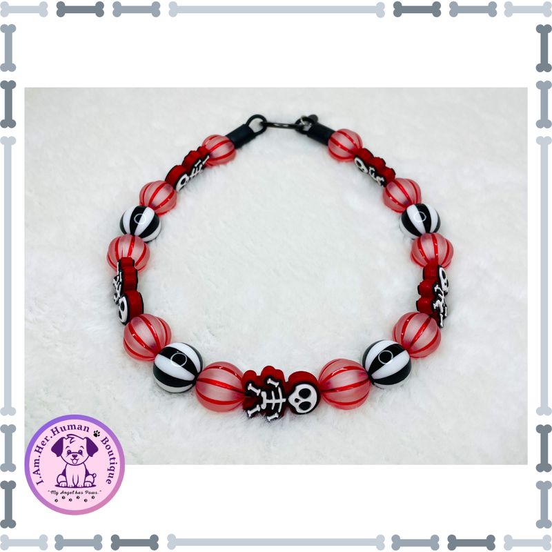 Crimson Bones | Halloween | Bubblegum Dog Collar | Beaded Dog Collar | Dog Pearls | Bead Dog Necklace | Red | Black | White