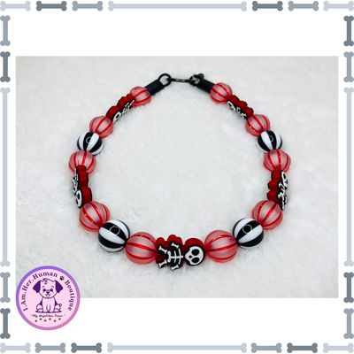 Crimson Bones | Halloween | Bubblegum Dog Collar | Beaded Dog Collar | Dog Pearls | Bead Dog Necklace | Red | Black | White