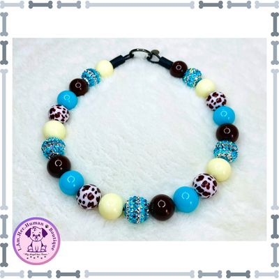 Cowgirl Nights, Bubblegum Dog Collar, Beaded Collar, Dog Pearls, Bead Dog Necklace, Slip On, Acrylic, Cow Print, Sky Blue