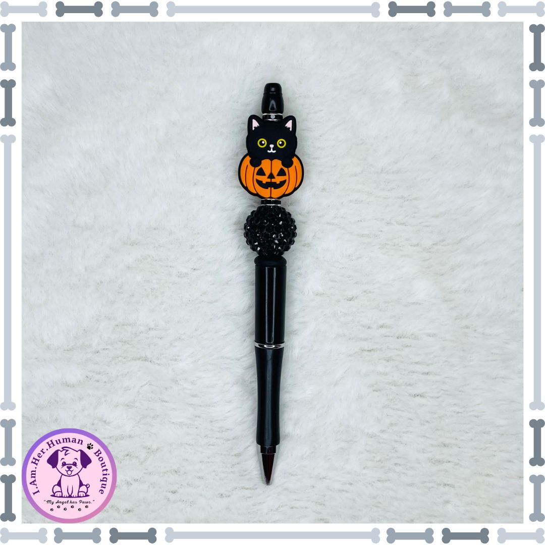 Halloween, Beaded Pen, Black Cat, Orange Pumpkin, Silicone, Acrylic, Refillable 