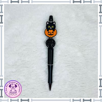 Halloween, Beaded Pen, Black Cat, Orange Pumpkin, Silicone, Acrylic, Refillable 