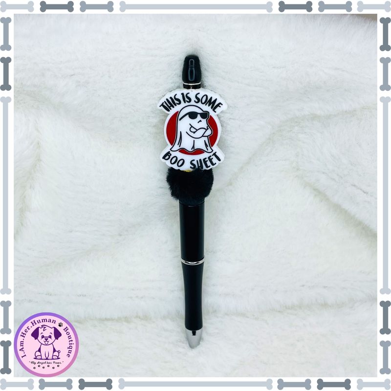 Halloween, Beaded Pen, Cool Ghost, White, Black, Red, Silicone, Fuzzy Spacer Bead, Refillable 