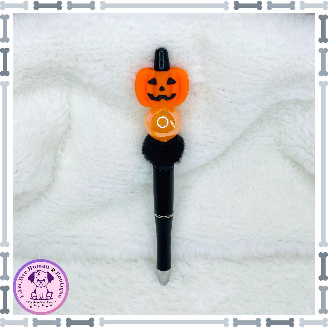 Halloween, Beaded Pen, Pumpkin, Orange, Black, Silicone, Acrylic, Fuzzy Spacer Bead, Refillable 