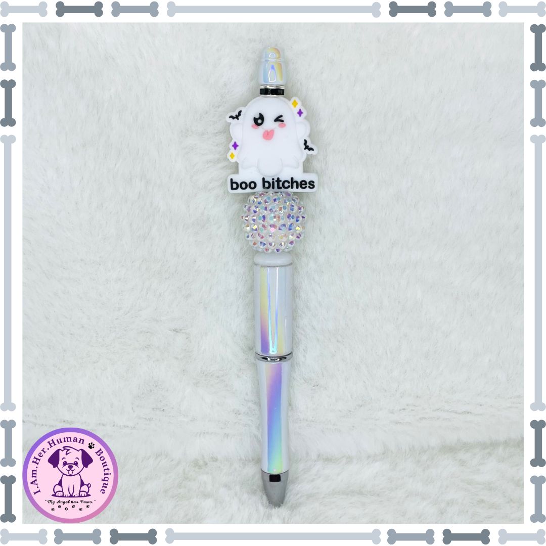 Halloween, Beaded Pen, Cute Ghost, White, Silicone, Acrylic, Refillable 