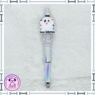 Halloween, Beaded Pen, Cute Ghost, White, Silicone, Acrylic, Refillable 