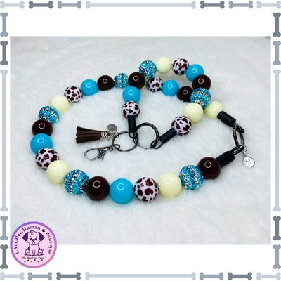 "Cowgirl Nights" Chunky Glam Bead Collar (18 INCHES) + Matching Keychain - READY TO SHIP! Cowgirl Nights, Bubblegum Dog Collar, Beaded Collar, Dog Pearls, Bead Dog Necklace, Slip On, Acrylic, Cow Print, Sky Blue