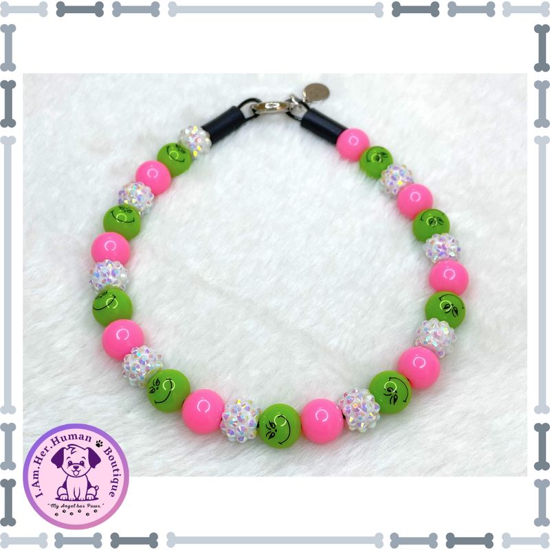 "Lil Miss Grinchy" XS Mini Glam Bead Collar Lil Miss Grinchy | Halloween | Bubblegum Dog Collar | Beaded Dog Collar | Dog Pearls | Bead Dog Necklace | Slip On | Acrylic