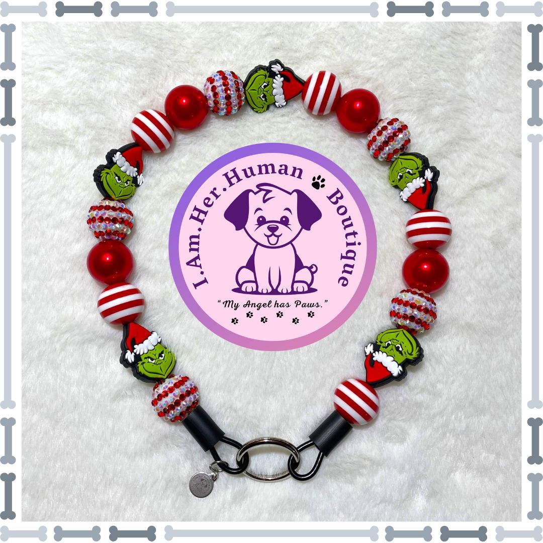 MR. Grinch | The Grinch | Christmas | Bubblegum Dog Collar | Beaded Dog Collar | Dog Pearls | Bead Dog Necklace | Slip On