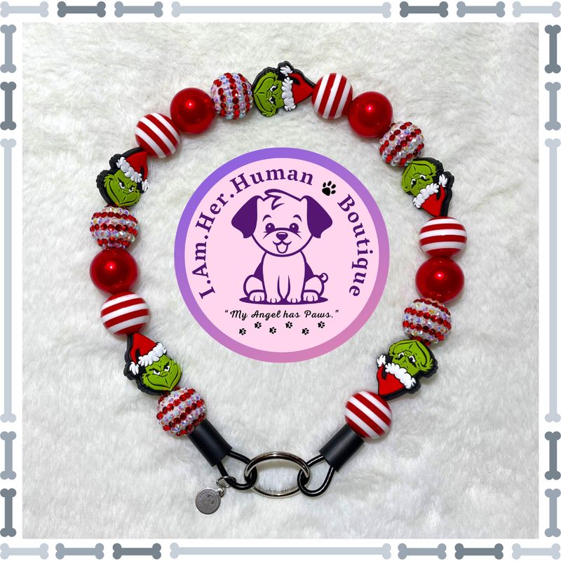 MR. Grinch | The Grinch | Christmas | Bubblegum Dog Collar | Beaded Dog Collar | Dog Pearls | Bead Dog Necklace | Slip On