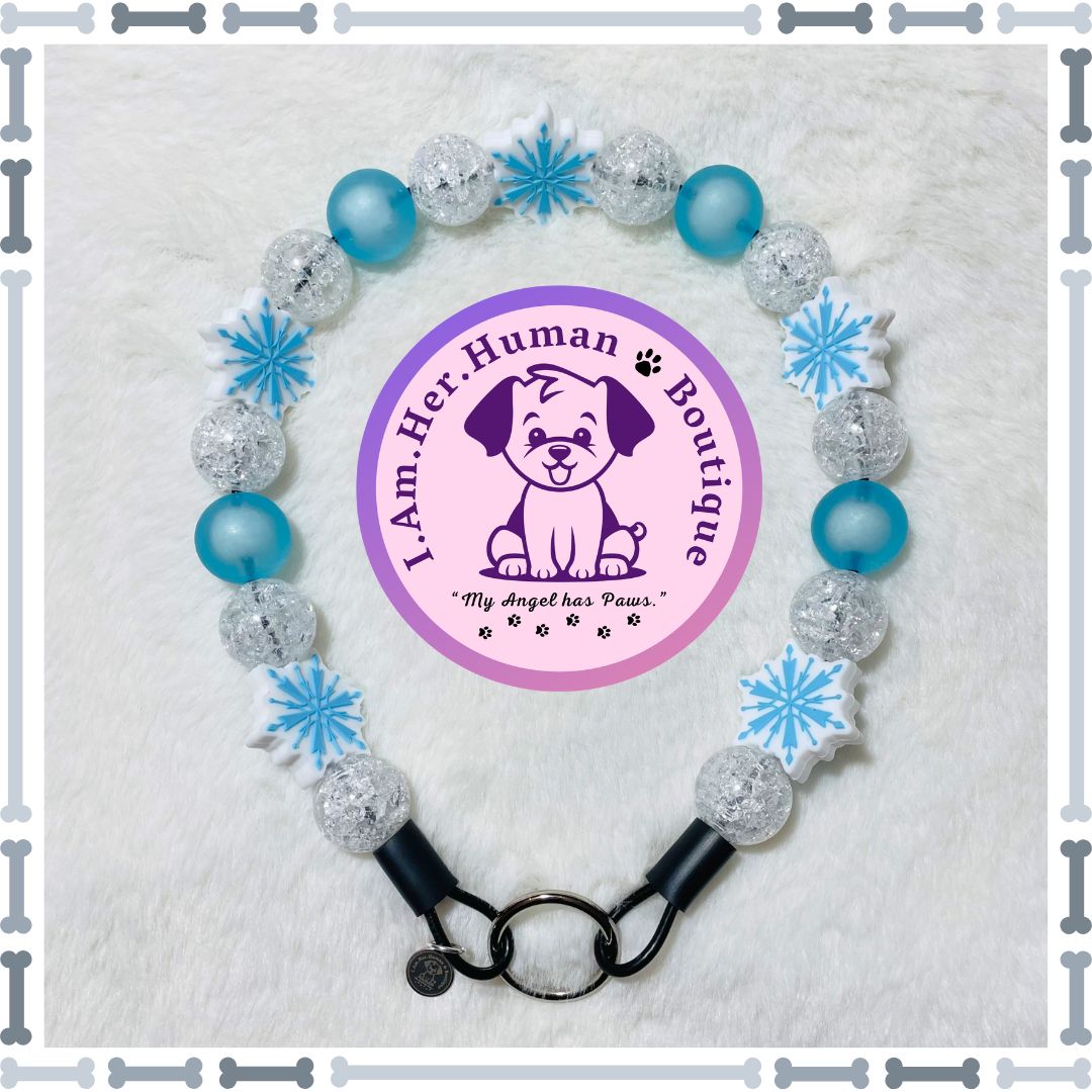 Winter&#39;s Kiss | Snowflake | Christmas | Bubblegum Dog Collar | Beaded Dog Collar | Dog Pearls | Bead Dog Necklace | Blue