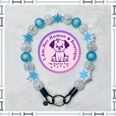 Winter's Kiss | Snowflake | Christmas | Bubblegum Dog Collar | Beaded Dog Collar | Dog Pearls | Bead Dog Necklace | Blue