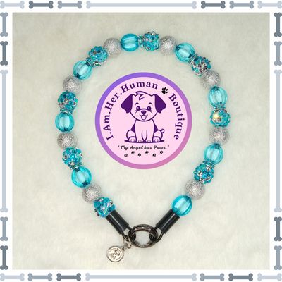 "Lil Turquoise Glitz" XS Mini Glam Bead Collar Lil Turquoise Glitz | Custom | Durable | Slip On | Small | Bubblegum Bead | Beaded Dog Collar | Dog Pearls | Dog Necklace | Blue Turquoise | Silver | Handmade