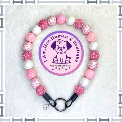PAWsome Pink Ribbons | Breast Cancer Awareness | Beaded Dog Collar | Bubblegum Dog Collar | Dog Pearls | Dog Necklace | Acrylic | Slip On | Pink | White | Chunky Bead | Glam Dog Collar
