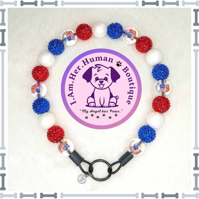 Americana Collar, American Flag, Chunky Glam Bead Dog Collar, Bubblegum Bead Dog Collar, Beaded Dog Collar, Bubblegum Beaded Collar, Acrylic