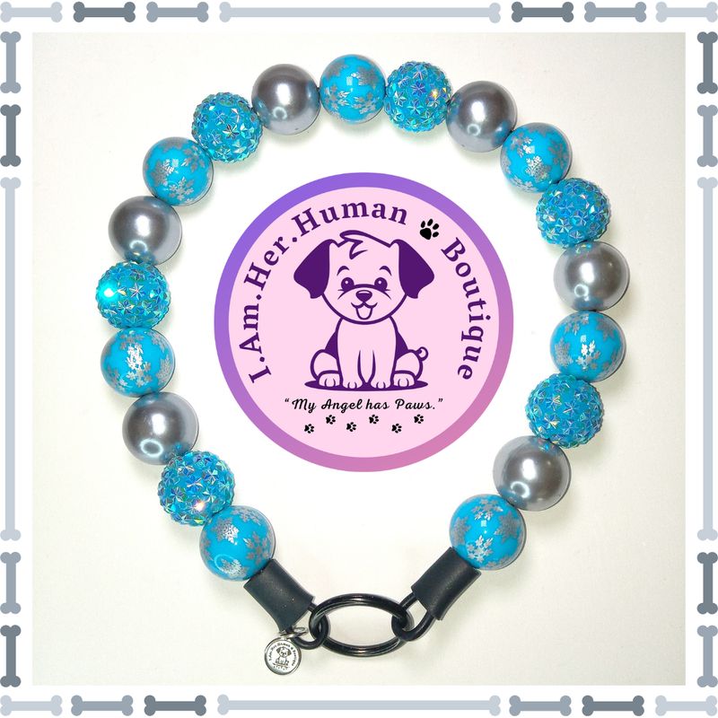 Christmas, Blue, Silver Snowflakes, Rhinestones, Pearls, Chunky Glam Bead Dog Collar, Bubblegum Bead Dog Collar, Beaded Dog Collar, Bubblegum Beaded Collar, Acrylic