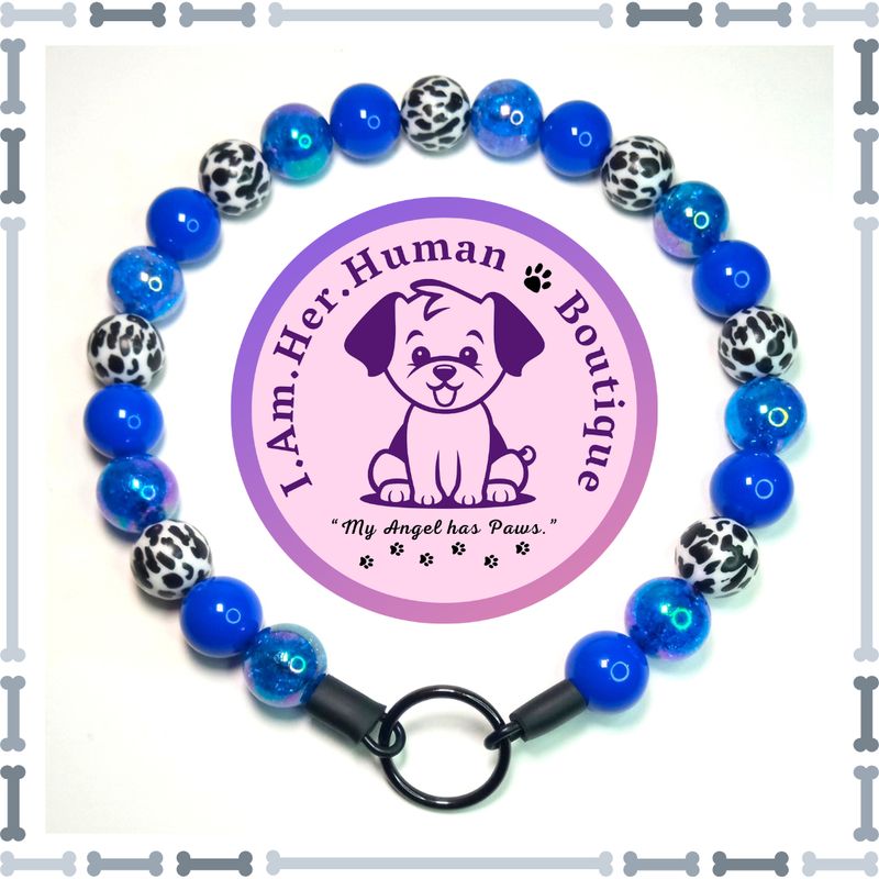 Royal Blue Solid &amp; Crackle, Black &amp; White Cow Print, Chunky Bead Dog Collar, Bubblegum Bead Dog Collar, Beaded Dog Collar, Bubblegum Beaded Collar, Acrylic