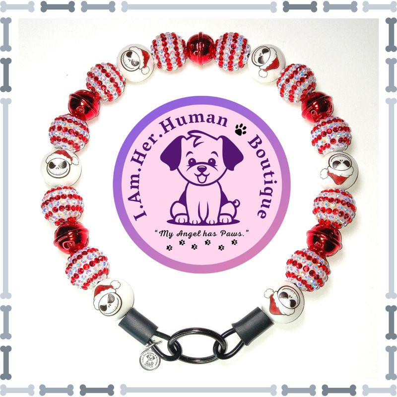 Christmas, Striped Rhinestone, Santa Jack Face, Red Ornament, Chunky Glam Bead Dog Collar, Bubblegum Bead Dog Collar, Beaded Dog Collar, Bubblegum Beaded Collar, Acrylic