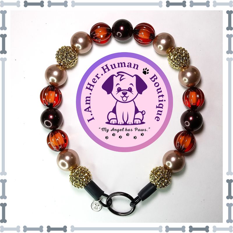 Thanksgiving, Autumn, Brown Pumpkin, Gold, Chunky Glam Bead Dog Collar, Bubblegum Bead Dog Collar, Beaded Dog Collar, Bubblegum Beaded Collar, Acrylic