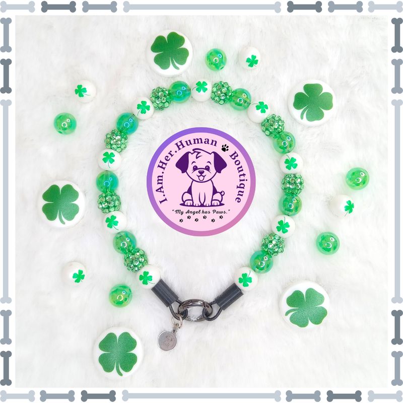 "Lil Lucky Shamrock" XS Mini Glam Bead Collar Saint Patrick's Day Dog Collar, Green, White, Rhinestones, XS Bubblegum Dog Collar, Holiday Bead Dog Collar, XS Mini Beaded Dog Collar, Acrylic, Dog Pearls, Bead Dog Necklace