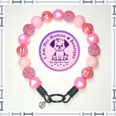 "My Pink Valentine" Chunky Glam Bead Collar Valentines, Pink, Heart Print Beads, Pink Pearl, Rhinestone Beads, Chunky Glam Bead Dog Collar, Bubblegum Bead Dog Collar, Beaded Dog Collar, Bubblegum Beaded Collar, Acrylic