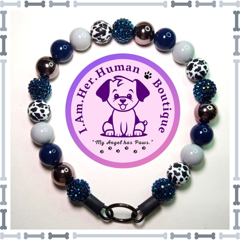 Blue Rhinestone, Gray &amp; Blue Solid, Black Chrome, Chunky Glam Bead Dog Collar, Bubblegum Beaded Dog Collar, Bead Dog Collar, Acrylic