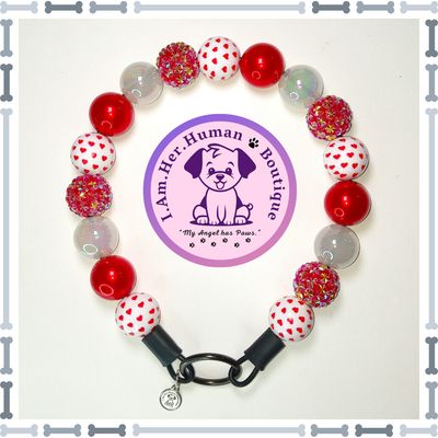 Valentines, Red Heart Print Beads, Red Pearl, Rhinestone Beads, White AB Beads, Chunky Glam Bead Dog Collar, Bubblegum Bead Dog Collar, Beaded Dog Collar, Bubblegum Beaded Collar, Acrylic