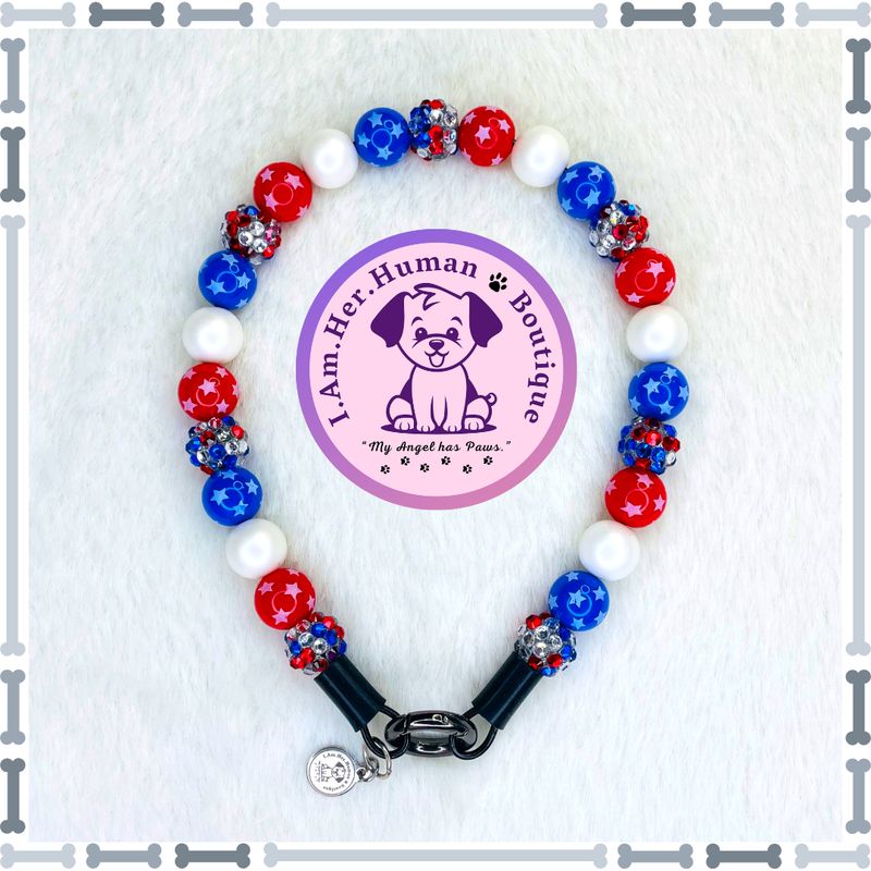 "Lil Star Spangled Sparkle" XS Mini Glam Bead Collar Lil Star Spangled Sparkle | 4th of July | Custom | Bubblegum Dog Collar | Beaded Dog Collar | Dog Pearls | Bead Dg Necklace | Americana Collar | Red | White | Blue | Small Dog Collar | Acrylic