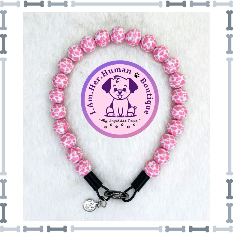 Lil Pink Cow Print | Beaded Dog Collar | Bubblegum Dog Collar | Dog Pearls | Dog Necklace | Acrylic Bead Collar | Slip On | Pink | White | Cow Print | Small Dog Collar