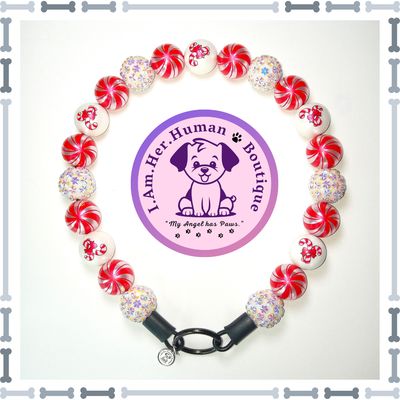 Christmas, Red and White, Rhinestone, Print, Chunky Glam Bead Dog Collar, Bubblegum Bead Dog Collar, Beaded Dog Collar, Bubblegum Beaded Collar, Acrylic