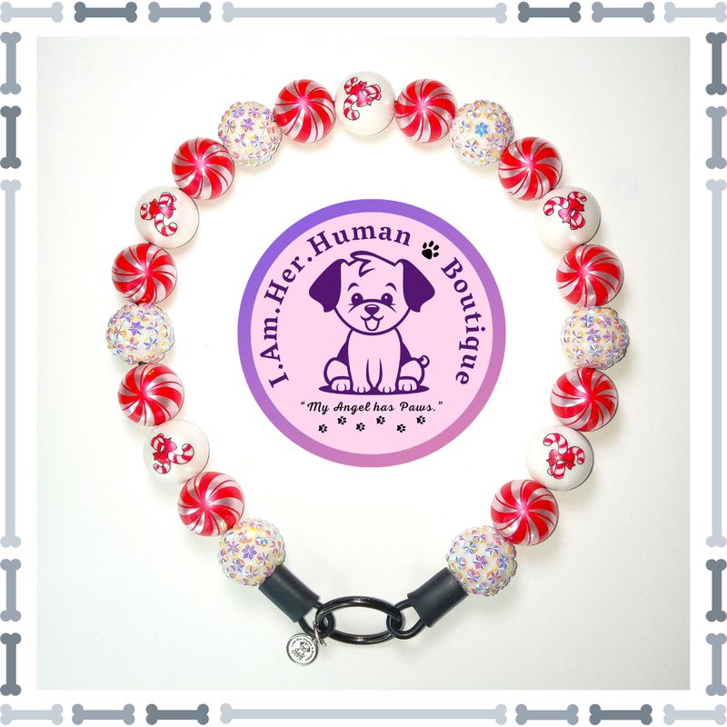 Christmas, Red and White, Rhinestone, Print, Chunky Glam Bead Dog Collar, Bubblegum Bead Dog Collar, Beaded Dog Collar, Bubblegum Beaded Collar, Acrylic