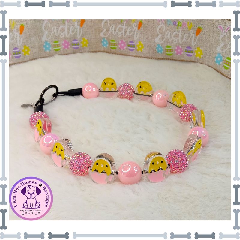 "Pink Easter Chick" Chunky Glam Bead Collar Easter, Pink, Easter Chick, Rhinestones, Chunky Glam Bead Dog Collar, Bubblegum Dog Collar, Beaded Dog Collar, Bubblegum Beaded Collar, Dog Pearls, Acrylic