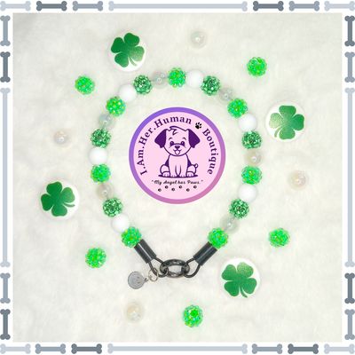"Lil Leprechaun" XS Mini Glam Bead Collar Saint Patrick's Day Dog Collar, Green, White, Rhinestones, XS Bubblegum Dog Collar, Holiday Bead Dog Collar, XS Mini Beaded Dog Collar, Acrylic, Dog Pearls, Bead Dog Necklace