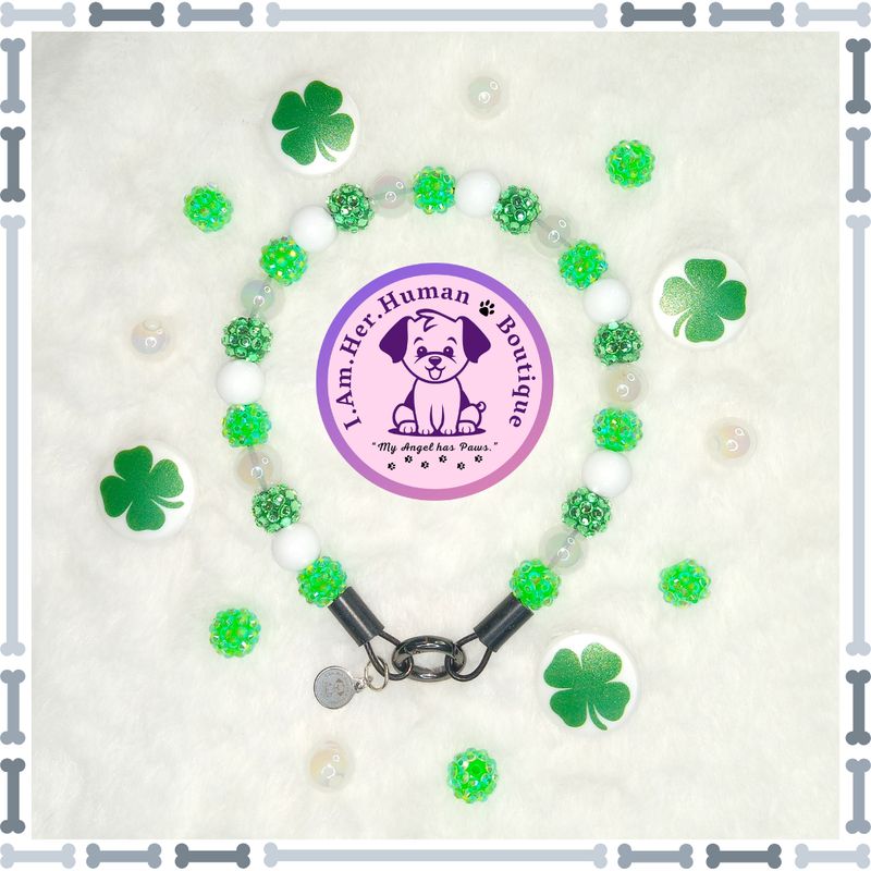 "Lil Leprechaun" XS Mini Glam Bead Collar Saint Patrick's Day Dog Collar, Green, White, Rhinestones, XS Bubblegum Dog Collar, Holiday Bead Dog Collar, XS Mini Beaded Dog Collar, Acrylic, Dog Pearls, Bead Dog Necklace