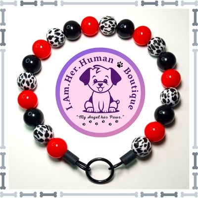 Black &amp; White Cow Print with Red, Chunky Bead Dog Collar, Bubblegum Bead Dog Collar, Beaded Dog Collar, Bubblegum Beaded Collar, Acrylic