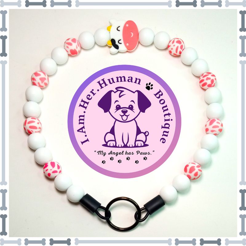 Pink Cow Face Focal, White, Pink &amp; White Cow Print, Silicone Bead Dog Collar, Bubblegum Bead Dog Collar, Beaded Dog Collar, Bubblegum Beaded Collar, Silicone