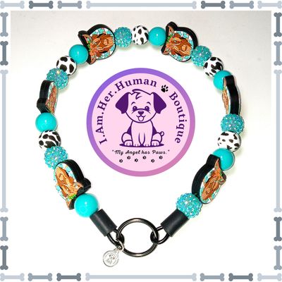 Highland Cow Horseshoe Beaded Dog Collar, Turquoise, Silicone Bead Dog Collar, Bubblegum Bead Dog Collar, Dog Pearls, Bead Dog Necklace, Black &amp; White Cow Print