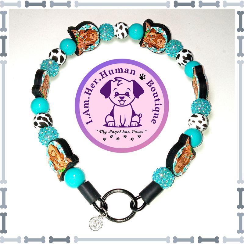 Highland Cow Horseshoe Beaded Dog Collar, Turquoise, Silicone Bead Dog Collar, Bubblegum Bead Dog Collar, Dog Pearls, Bead Dog Necklace, Black &amp; White Cow Print