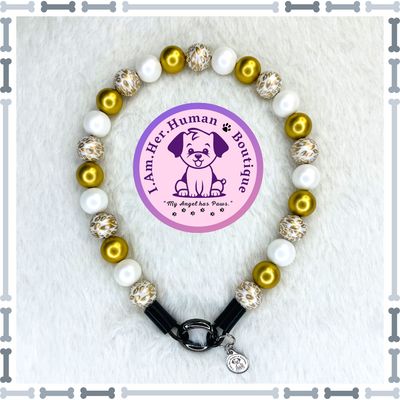 Golden Leopard | Beaded Dog Collar | Bubblegum Dog Collar | Dog Pearls | Dog Necklace | Acrylic Bead Collar | Slip On | Gold | Leopard Print | White | Small Dog Collar