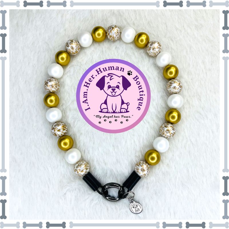 Golden Leopard | Beaded Dog Collar | Bubblegum Dog Collar | Dog Pearls | Dog Necklace | Acrylic Bead Collar | Slip On | Gold | Leopard Print | White | Small Dog Collar