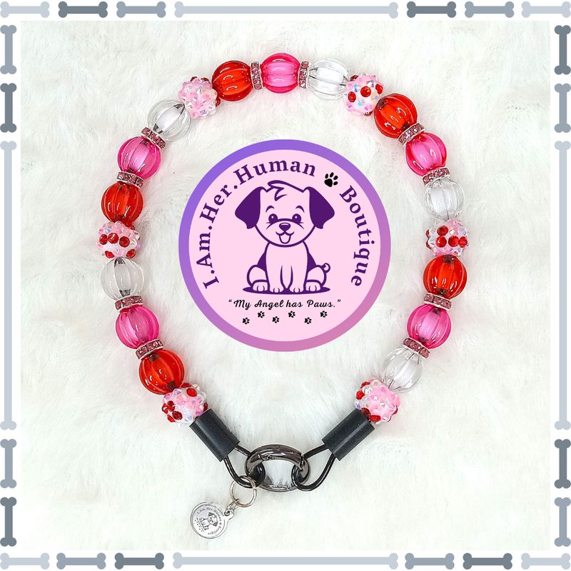 Valentines Dog Collar, Red, Pink, White, Rhinestones, XS Bubblegum Dog Collar, Holiday Bead Dog Collar, XS Mini Beaded Dog Collar, Acrylic, Dog Pearls, Bead Dog Necklace