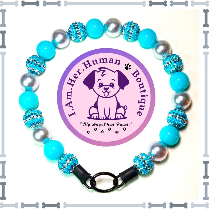 Blue &amp; Silver Rhinestone, White Pearls, Blue Neon, Chunky Glam Bead Dog Collar, Bubblegum Bead Dog Collar, Beaded Dog Collar, Bubblegum Beaded Collar, Acrylic