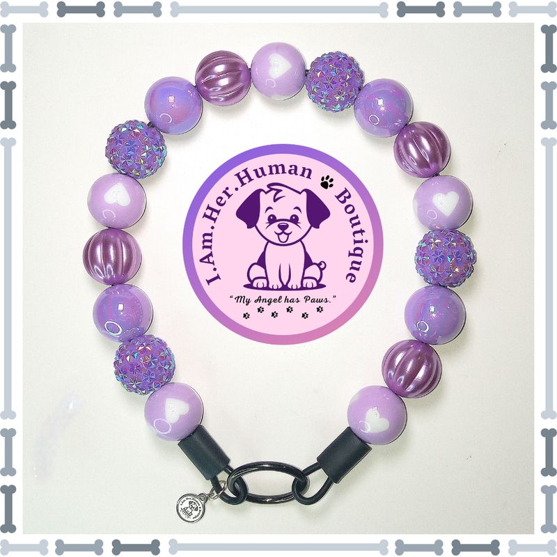 Valentines, Purple, Heart Print Beads, Purple Pearl, Rhinestone Beads, Chunky Glam Bead Dog Collar, Bubblegum Bead Dog Collar, Beaded Dog Collar, Bubblegum Beaded Collar, Acrylic
